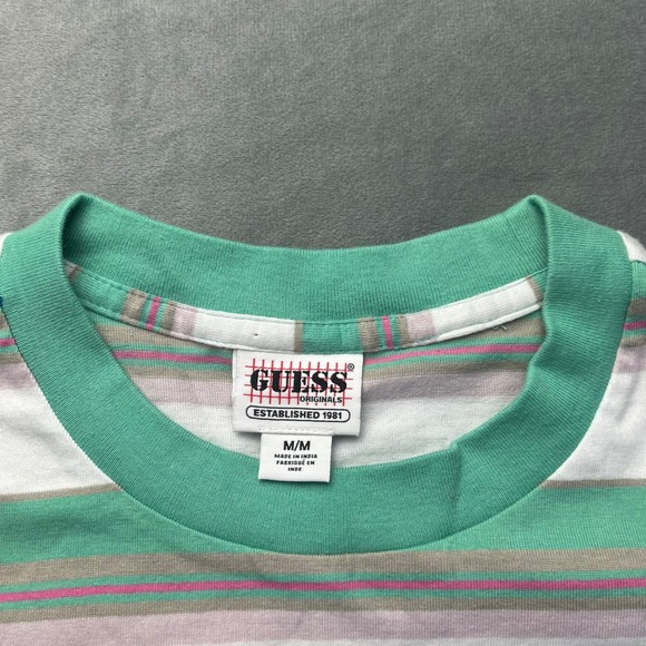 NWT Guess Originals Mens Medium Green White Pink Stripe Short Sleeve T Shirt Tee - Picture 4 of 7